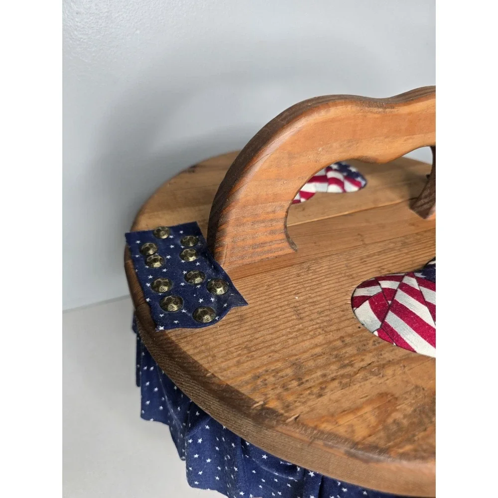 Vtg Wood Sewing Box Basket with Double Flip Top Doors Lid Carrying Handle Heart